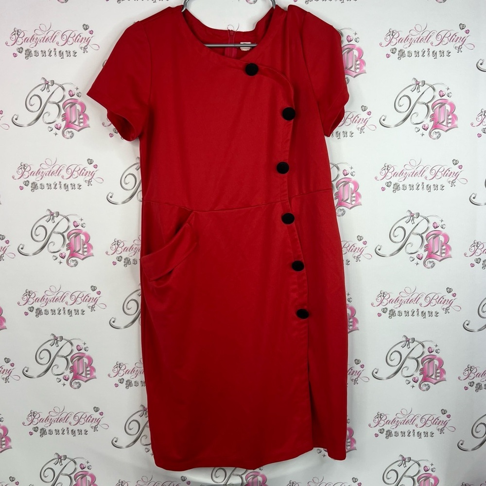 Mykeis dress button up air hostess style zip up Elegant Red Button-Down Dress